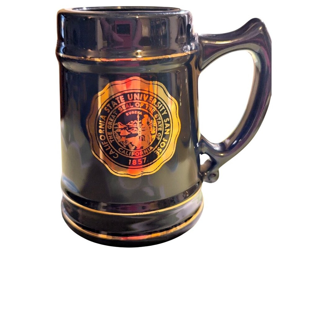 California State University San Jose Black Ceramic Stein Mug 1857 Gold Trim Vint